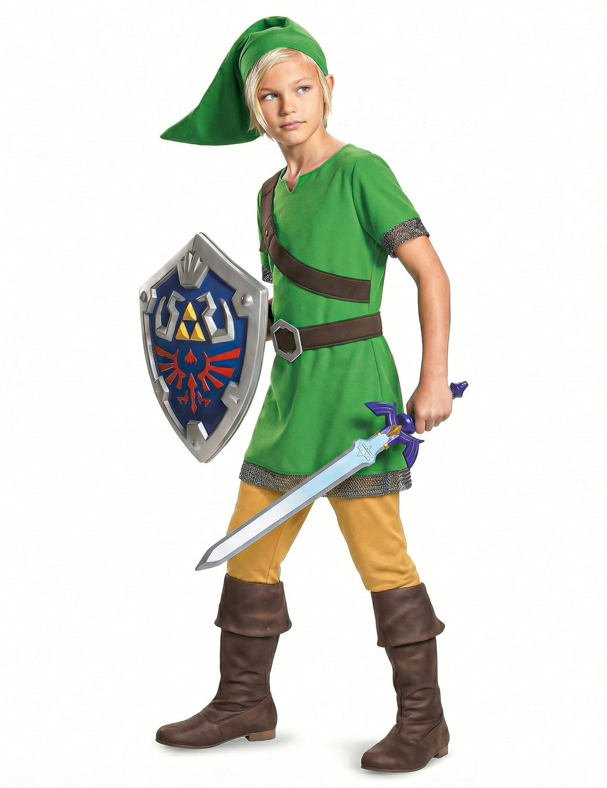 Vue d'ensemble avec costume et épée du bouclier Link Zelda™ pour enfant