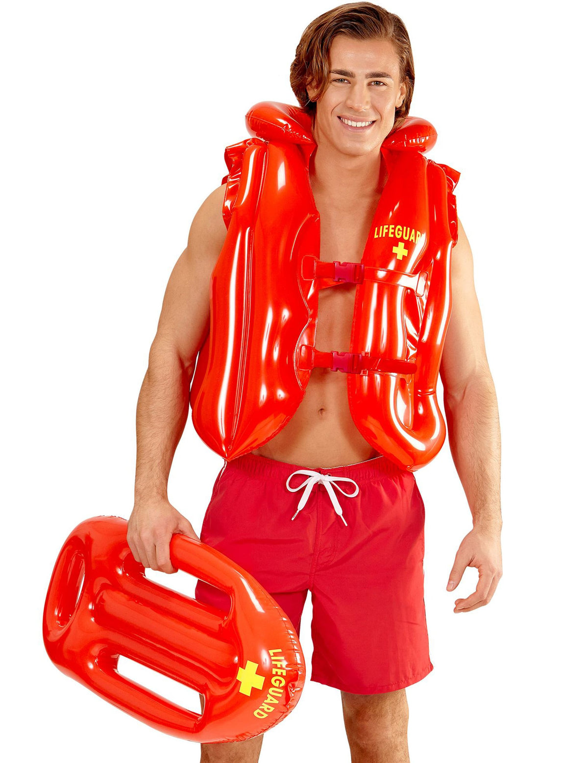Bouée de sauvetage gonflable de sauveteur pour adulte rouge avec logo Lifeguard jaune