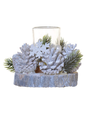 Suport de lumânare în formă de con de pin mată, pe un buștean 15 cm decorațiuni polare