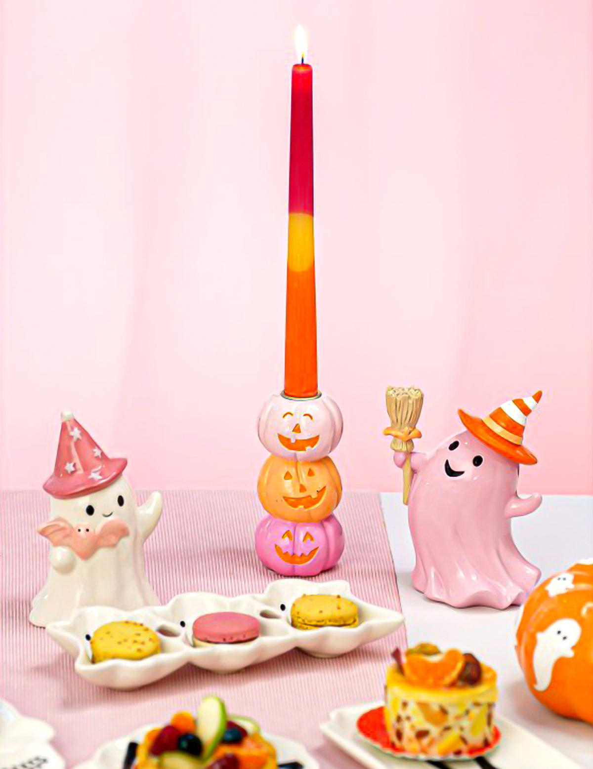 Bougeoir en résine avec 3 citrouilles souriantes 13 cm