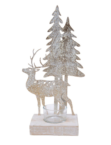 Suport de lumânare metalic cu cerbi și brazi 27 cm cu bază din lemn