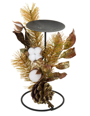 Suport lumânare pentru plante cu flori de bumbac și sclipici auriu 20 cm metal