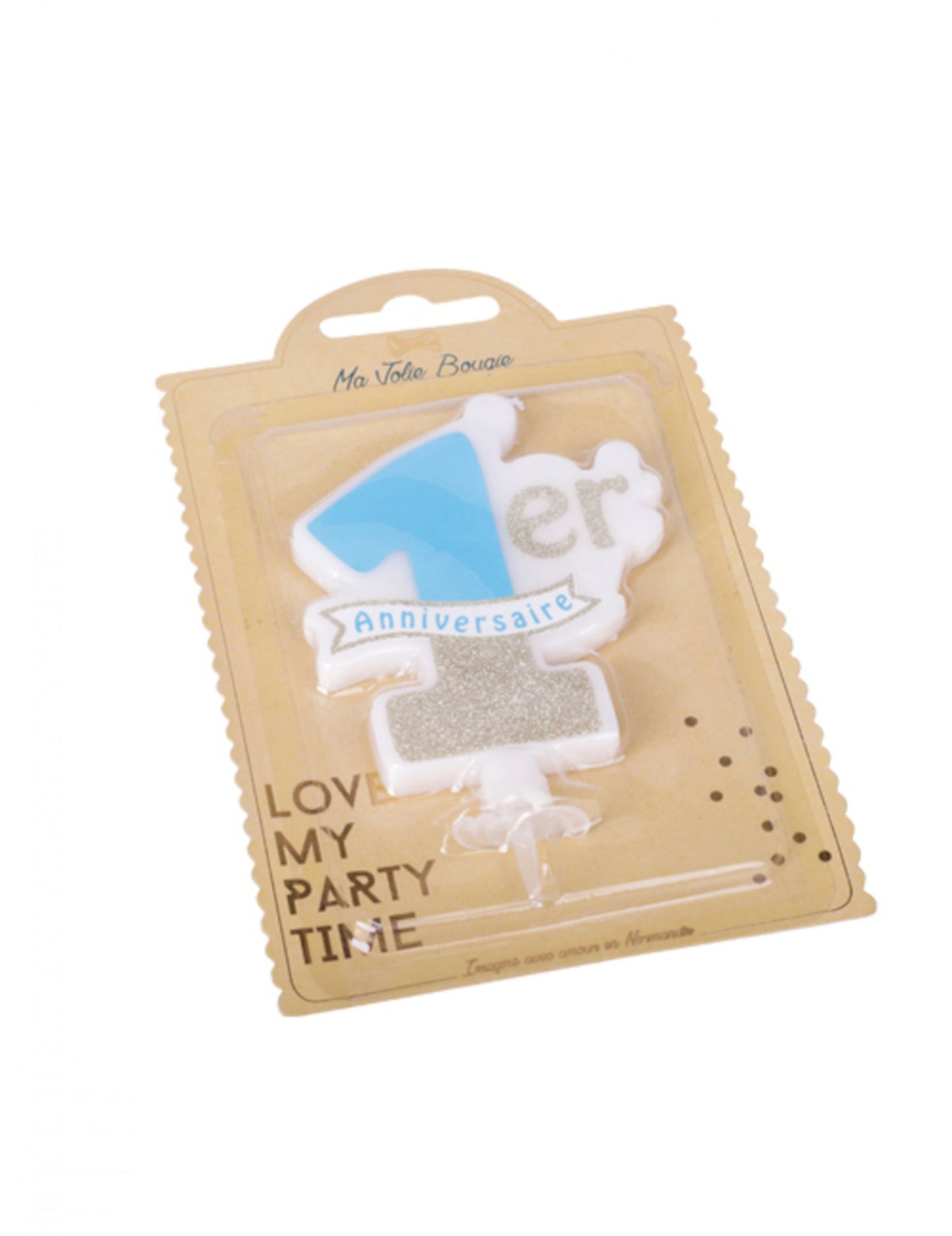 Bougie 1er anniversaire bleue et dorée 10 x 8 cm à paillettes