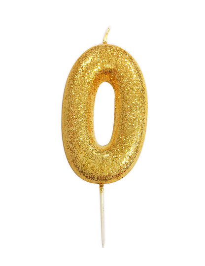 Lumânare numărul 0 cu sclipici auriu și 9 cm