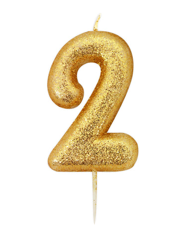 Lumânare cifră 2 aurie cu sclipici 8,5 cm cu țepușă 