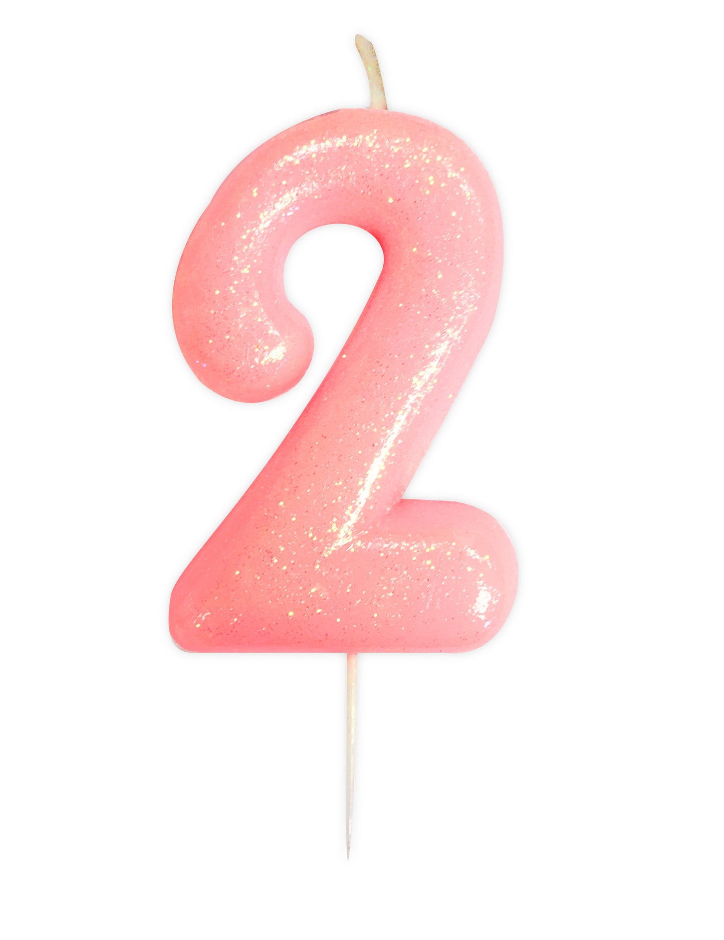 Lumânare aniversară cifră 2 roz irizat 9 cm cu sclipici 
