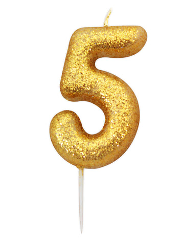 Lumânare cifră 5 aurie cu sclipici 8.5 cm 