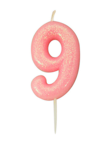 Lumânare cifră 9 roz irizat 9 cm cu sclipici pentru tort 