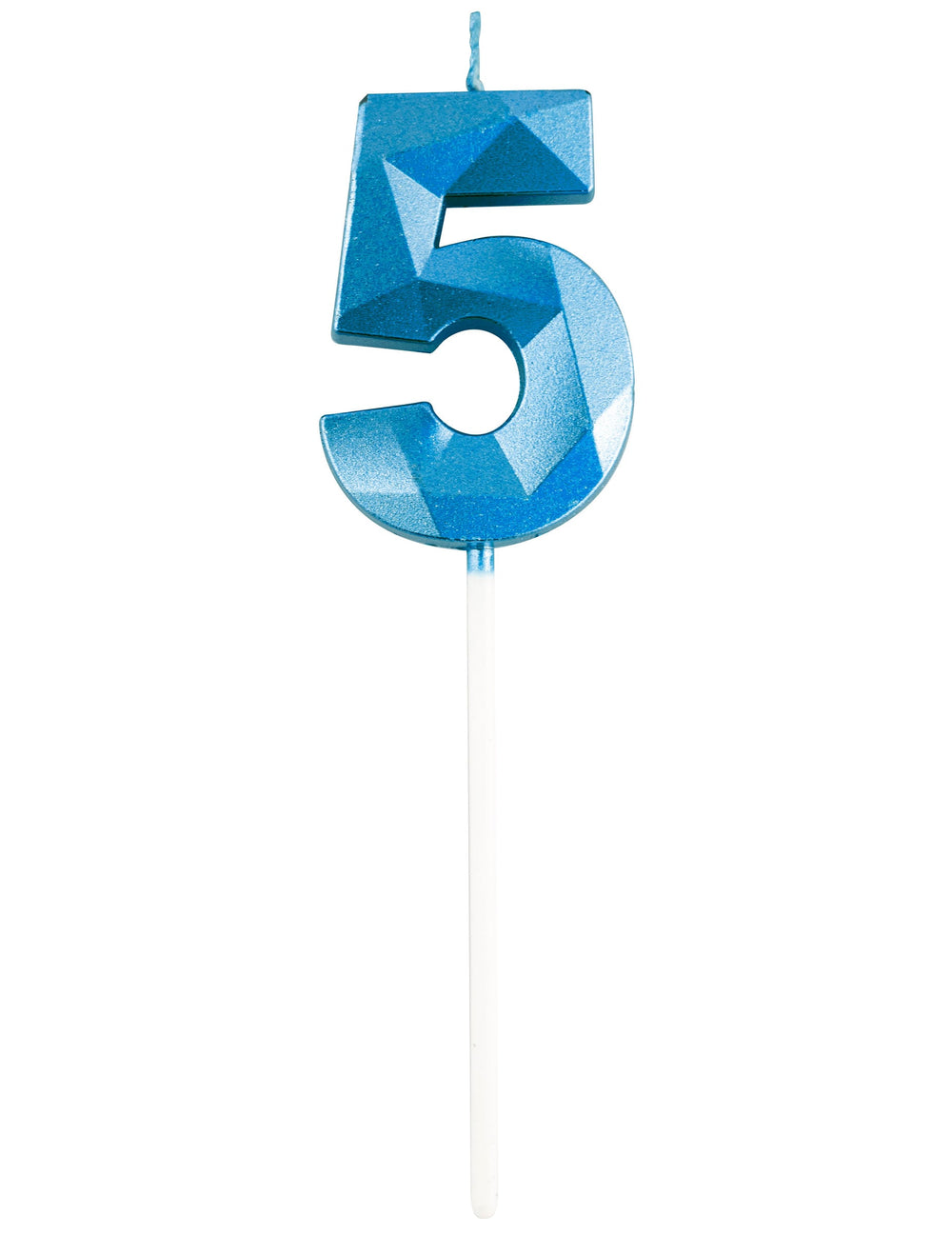 Vue de face du chiffre 5 de la bougie chiffre pour anniversaire bleue effet diamant
