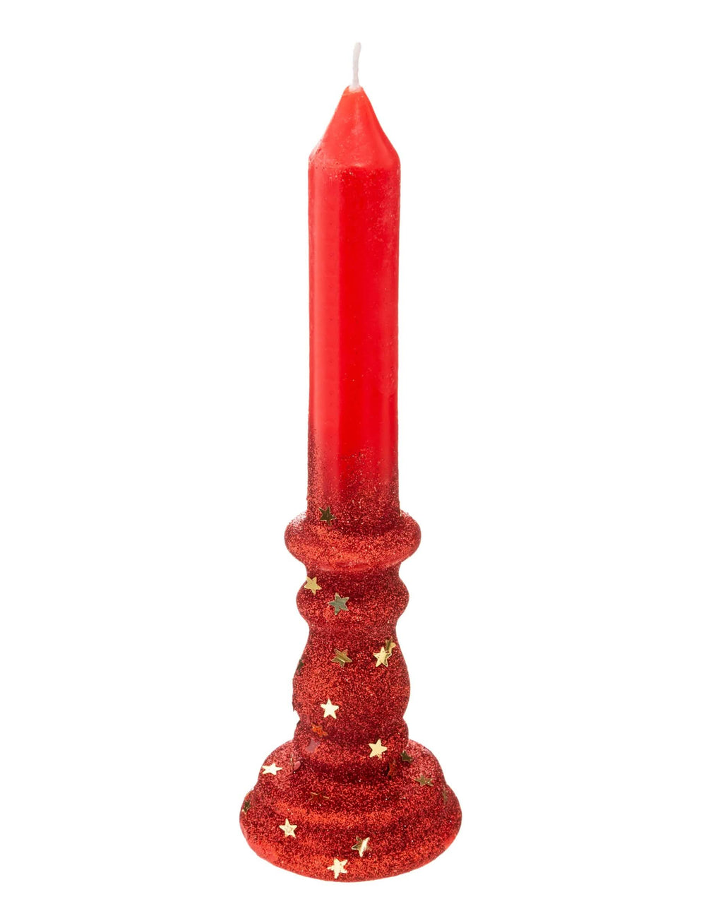 Lumânare decorativă de crăciun roșie cu sclipici și stele aurii