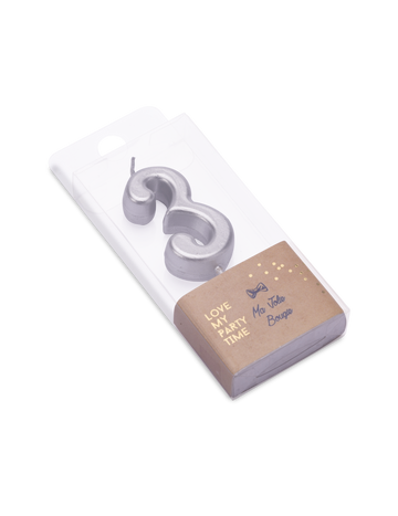 Lumânare de ziua de naștere cu numărul 3, argintiu metalic, 4.3 cm cu vârf