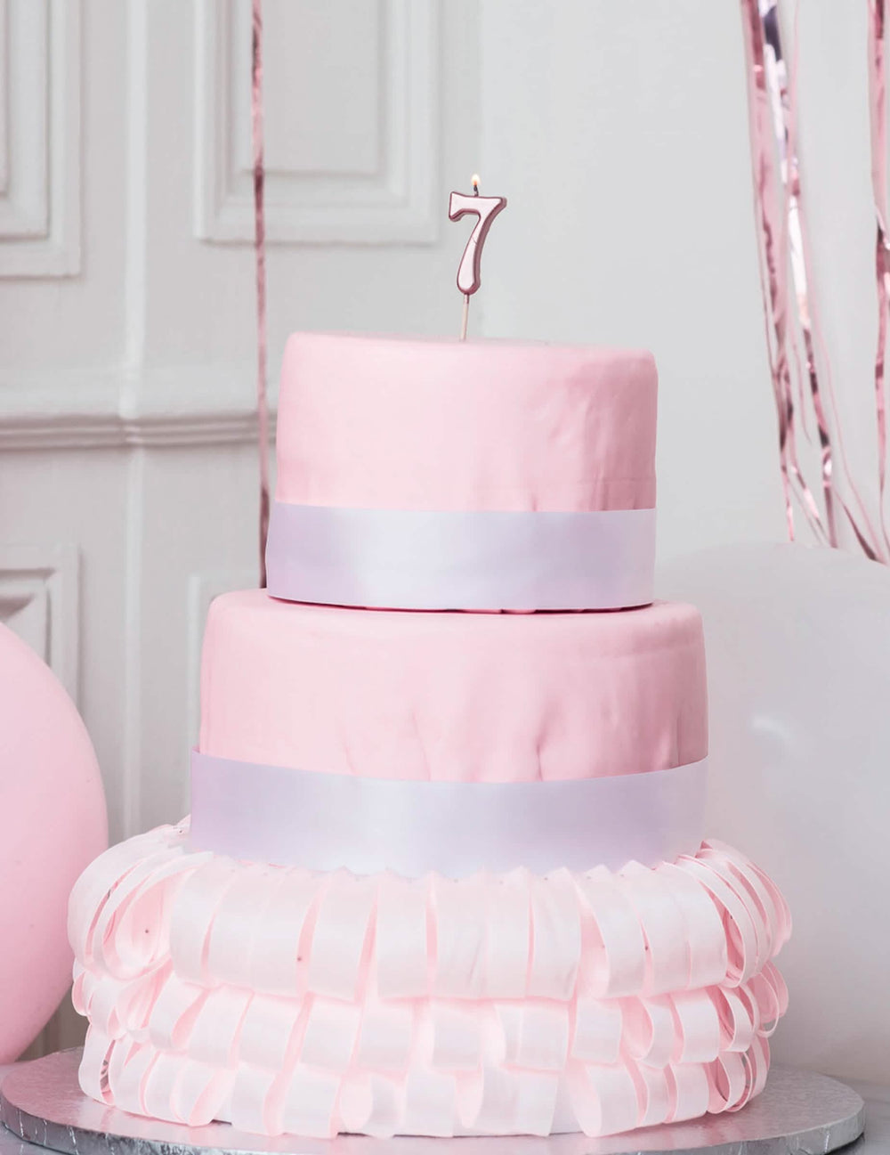 Decor pentru tort cu lumânarea aniversară cifrul 7 auriu roz metalizat