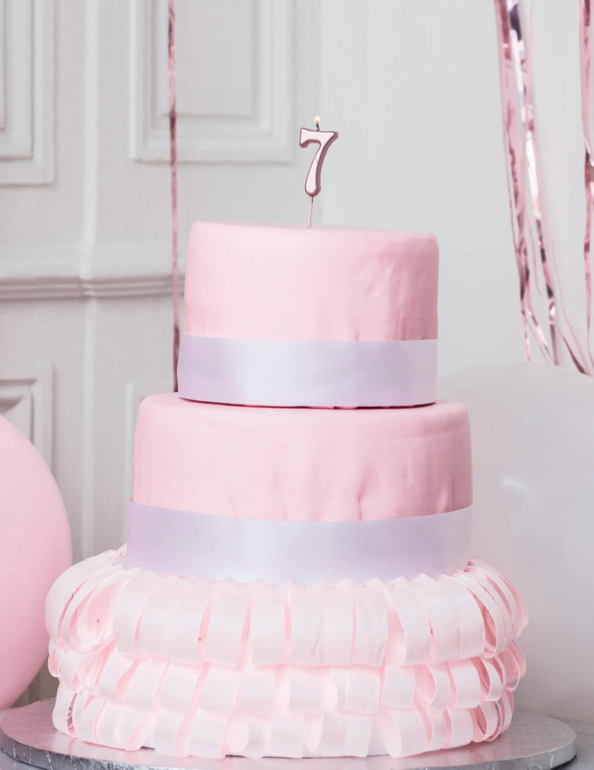 Decor pentru tort cu lumânarea aniversară cifrul 7 auriu roz metalizat