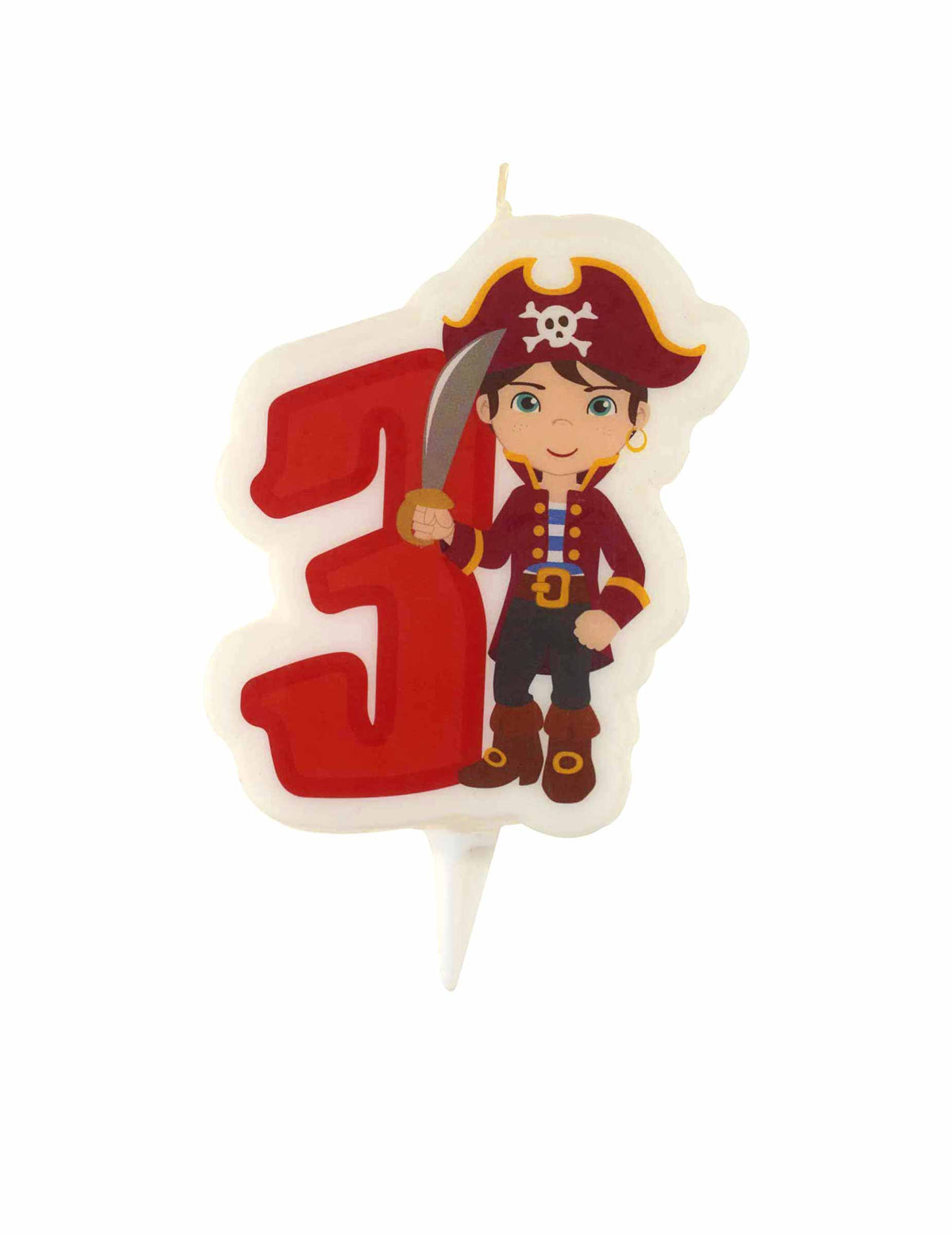 Bougie d'anniversaire pirate chiffre 3 pour enfant rouge avec bobèche