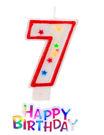 Lumânare în formă de stea cu cifra 7 și decor 'happy birthday' 