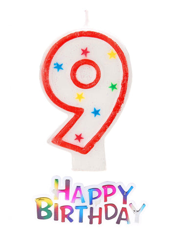 Lumânare în formă de stea, cifră 9, albă cu sclipici 