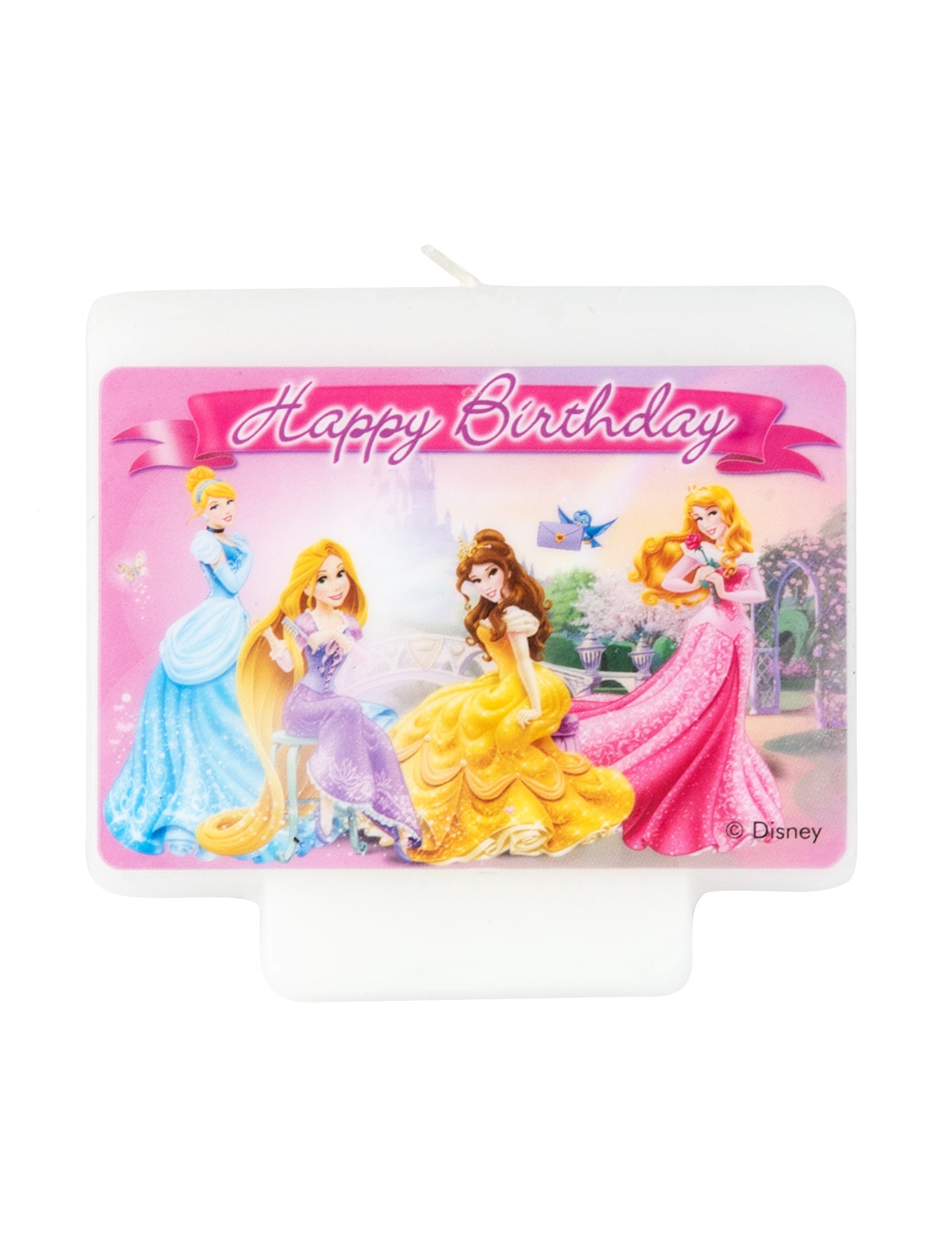 Bougie Happy Birthday Disney Princesses pour enfant rose illustrée