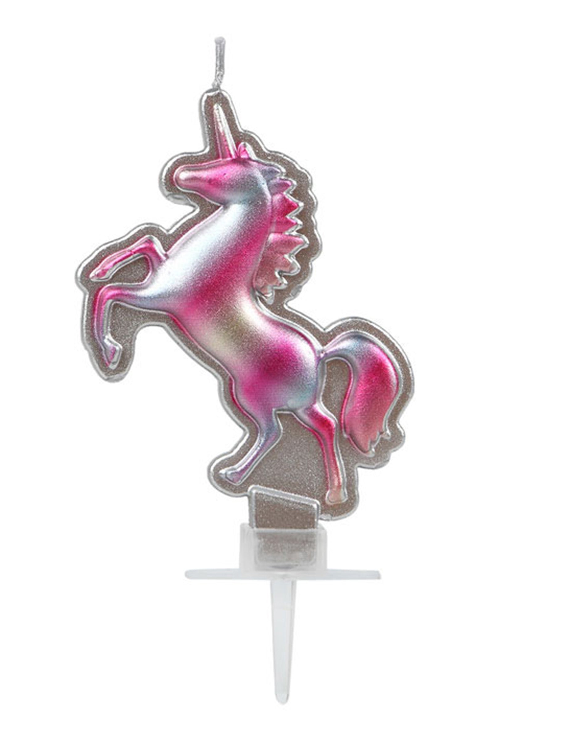 Bougie licorne pour anniversaire rose et argent