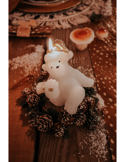 Lumânare ursuleț de pluș alb și auriu 10 cm Crăciun