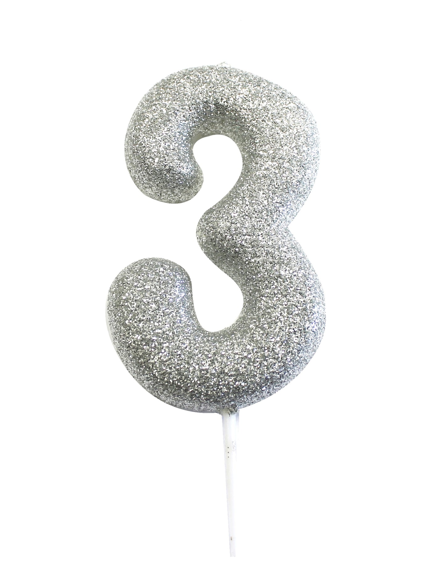 Bougie sur pique chiffre 3 pour anniversaire argent pailleté