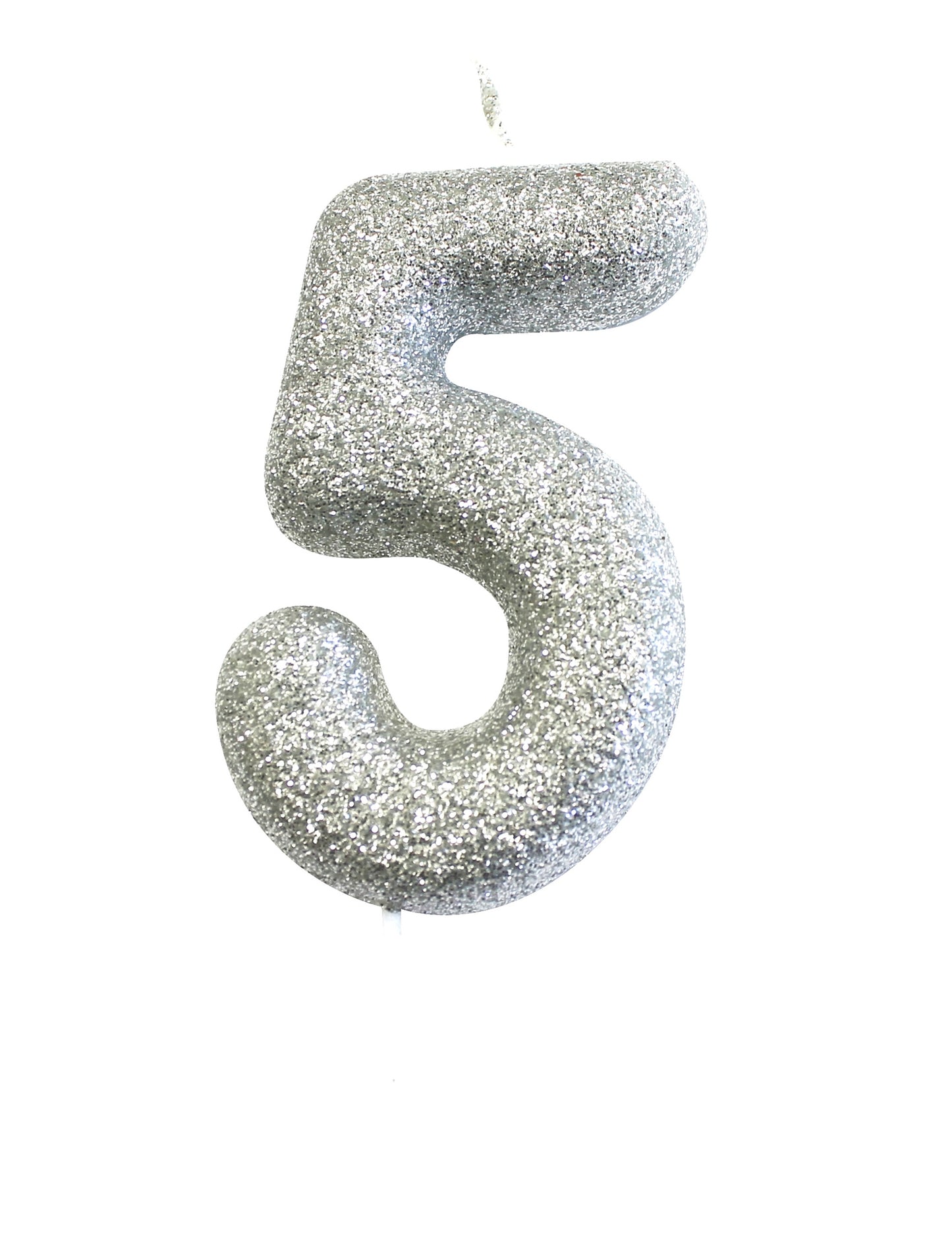 Lumânare argintie strălucitoare cu numărul 5 pe băț 7 cm pentru tort