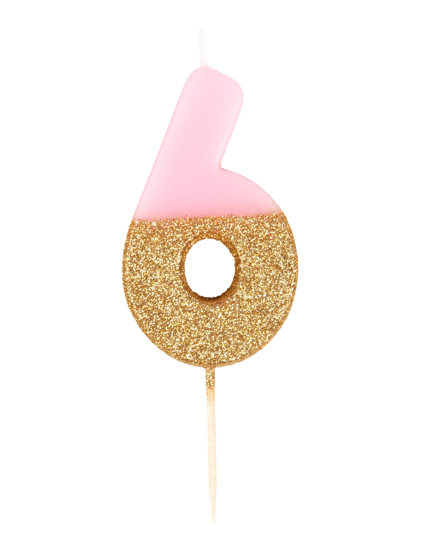 Lumânare cu sclipici roz și auriu numărul 6 pe băț, 13,8 cm pentru tort