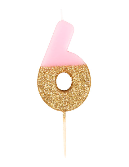 Lumânare cu sclipici roz și auriu numărul 6 pe băț, 13,8 cm pentru tort