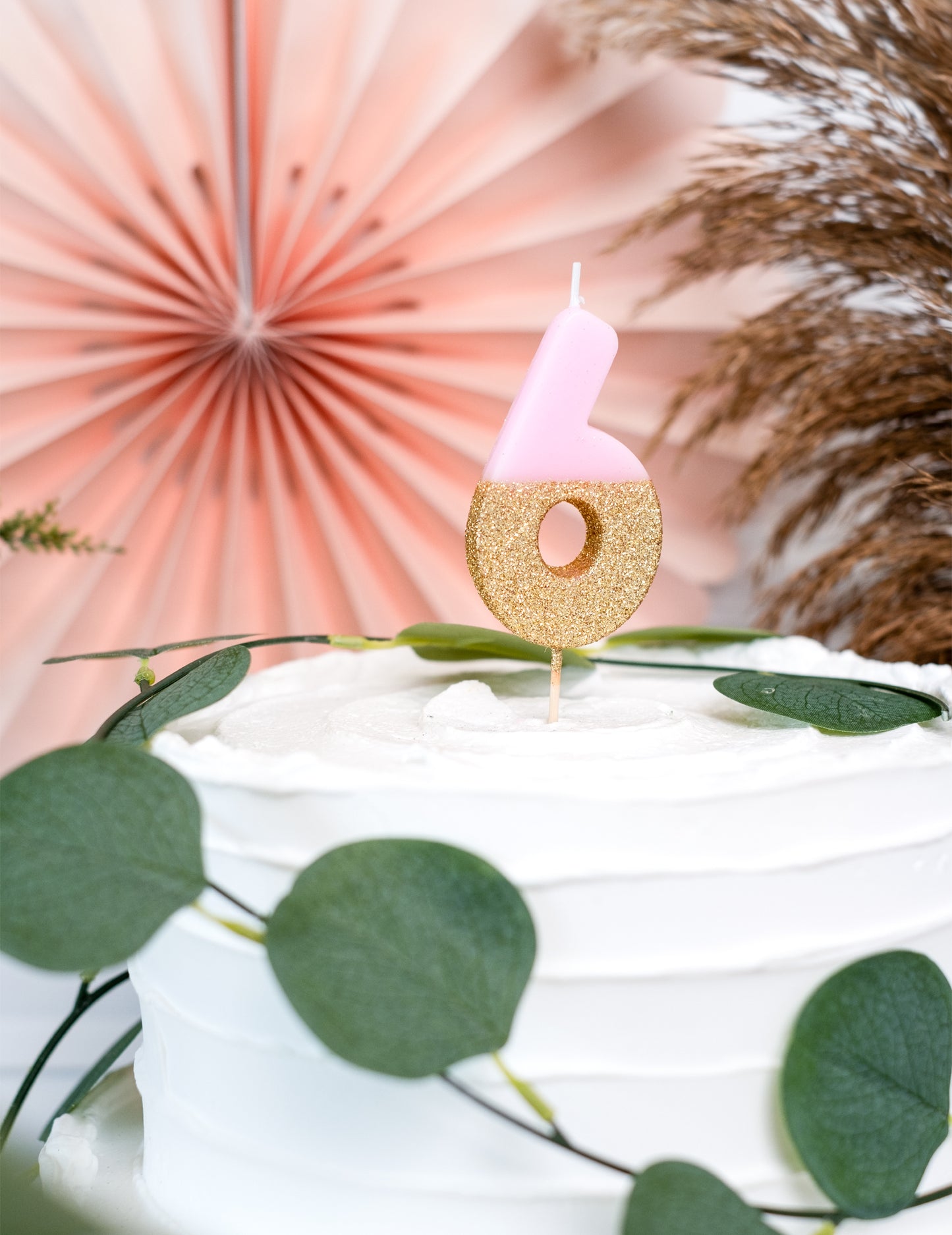 Lumânare cu sclipici roz și auriu numărul 6 pe băț, 13,8 cm pentru tort