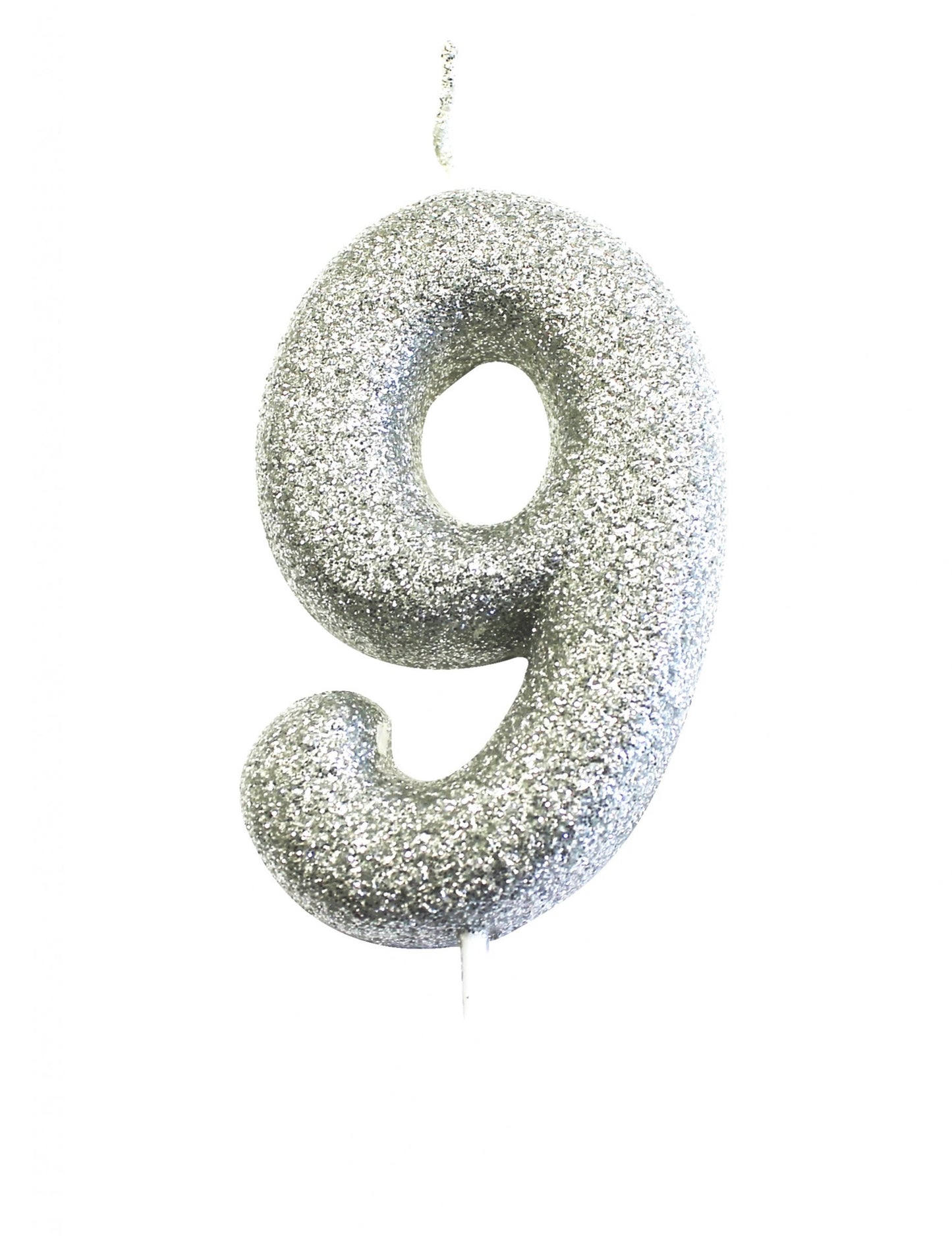 Lumânare argintie strălucitoare cu numărul 9 pe băț 7 cm pentru tortul de ziua de naștere