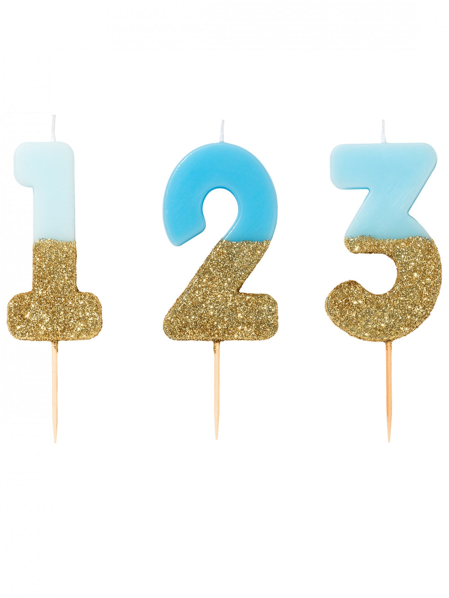 Lumânare pe băț cu sclipici albastru și auriu numerele 13.8 cm pentru tort