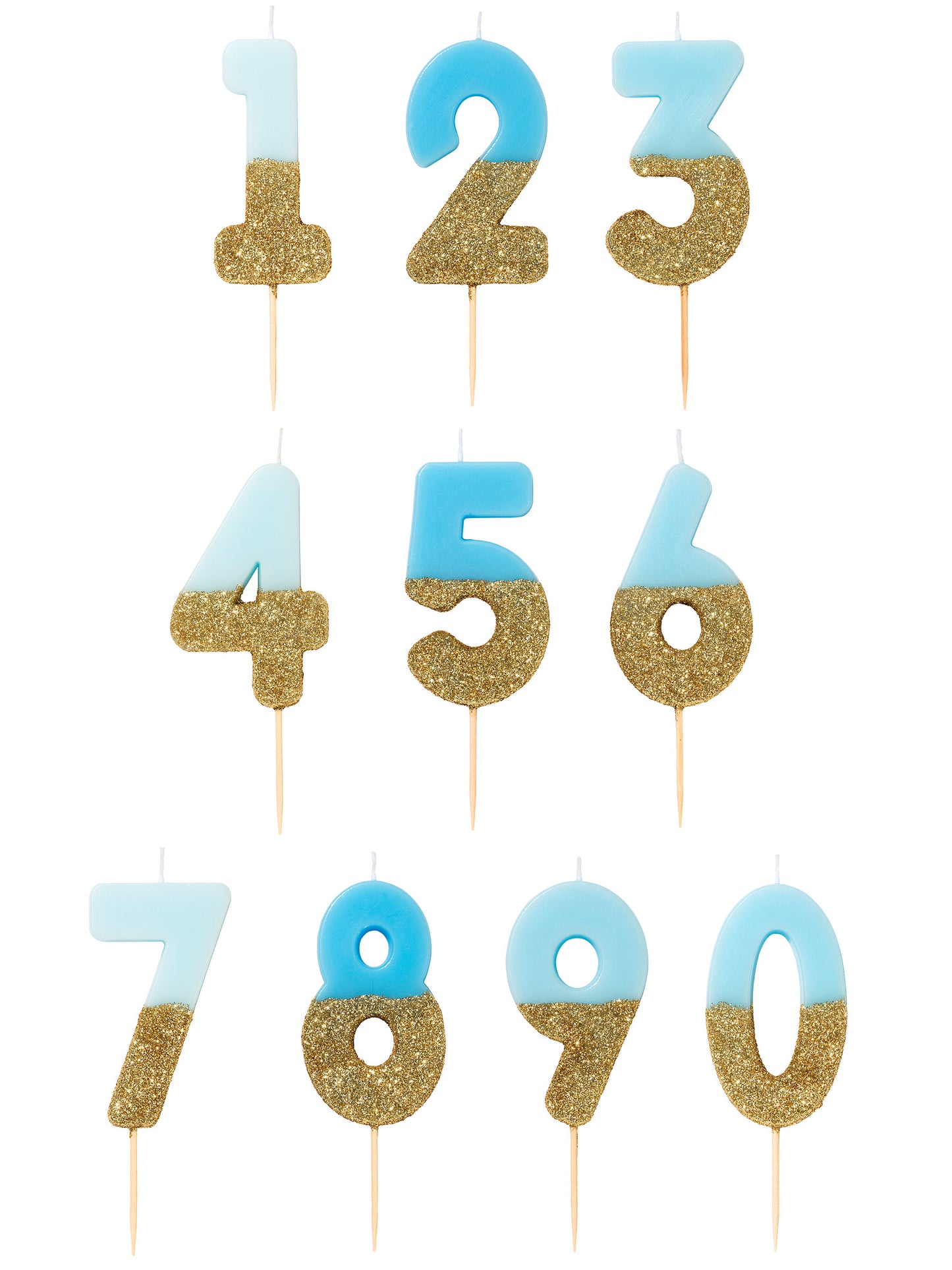 Lumânare pe băț cu sclipici albastru și auriu numerele 13.8 cm pentru tort