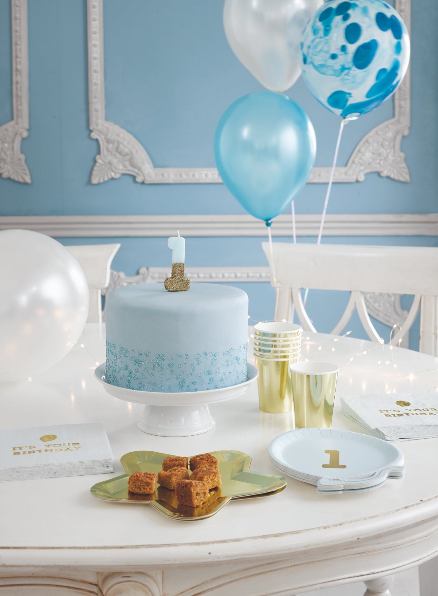 Lumânare pe băț cu sclipici albastru și auriu numerele 13.8 cm pentru tort