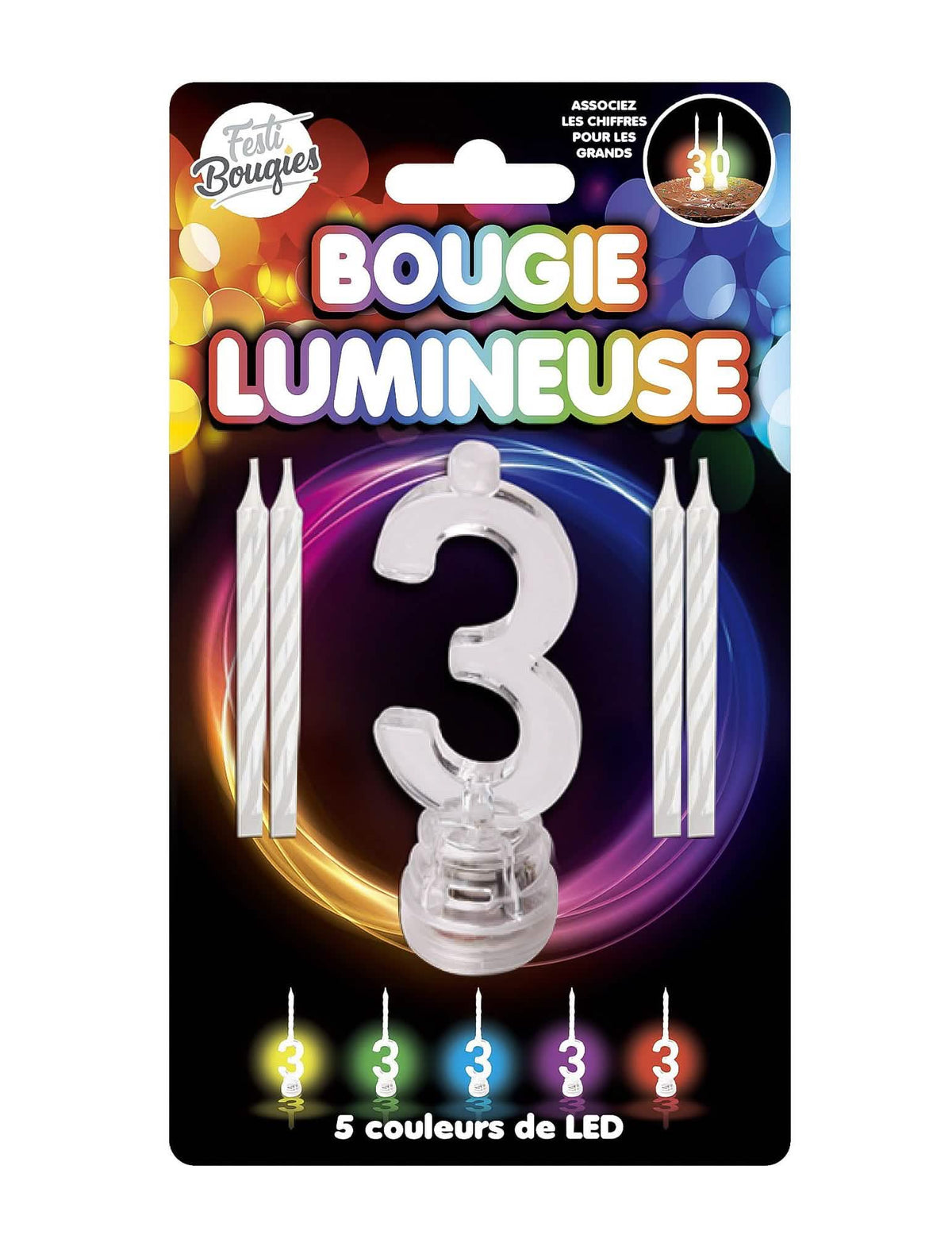 Lumânare luminoasă LED cu cifra 3 pentru aniversare multicolor