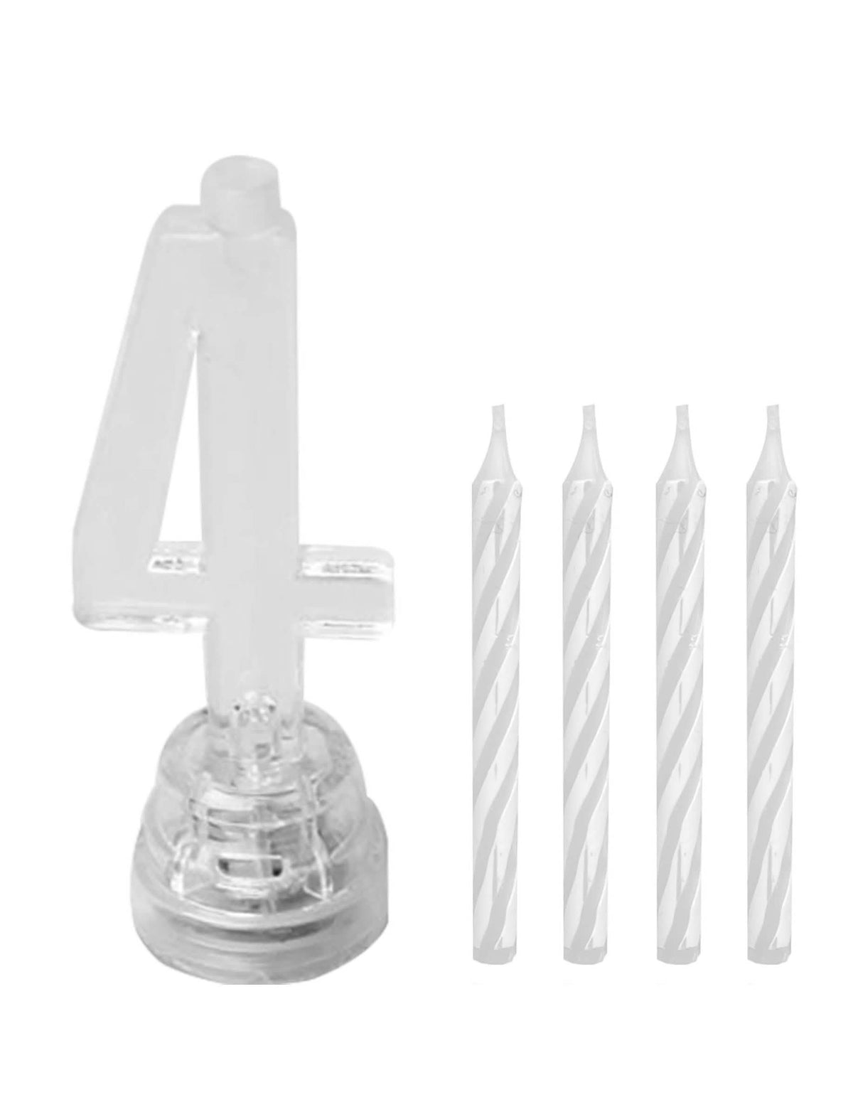 Detaliu al suportului transparent și al lumânărilor albe ale lumânării luminoase LED cifrul 4