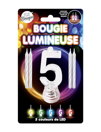 Bougie lumineuse LED chiffre 5 pour anniversaire multicolore