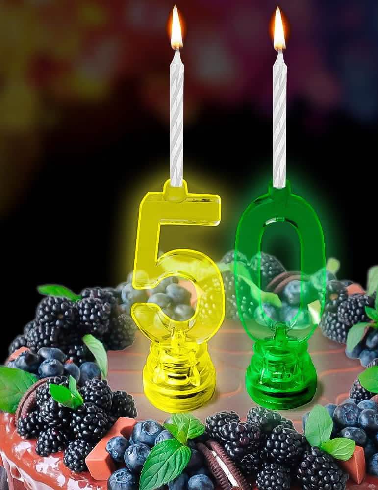 Mise en situation sur un gâteau de la bougie lumineuse LED chiffre 5 pour anniversaire multicolore