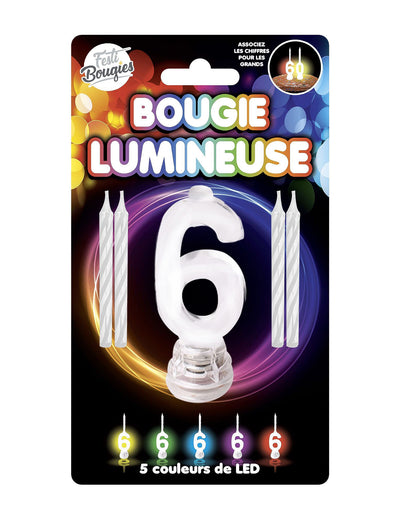 Bougie lumineuse LED chiffre 6 pour fête multicolore avec 5 variations de LED