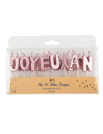 Lumânări pe bețișoare cu litere „La mulți ani”, auriu-roz metalic, 4.3 cm pentru tort