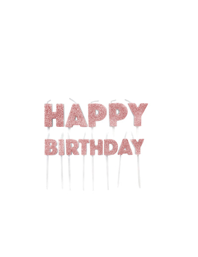 Bougies sur pics Happy Birthday pour anniversaire rose gold pailletées