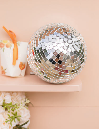 Glob disco suspendat din sticlă oglindită, argintiu, 16 cm, suprapunabil, decorațiune disco