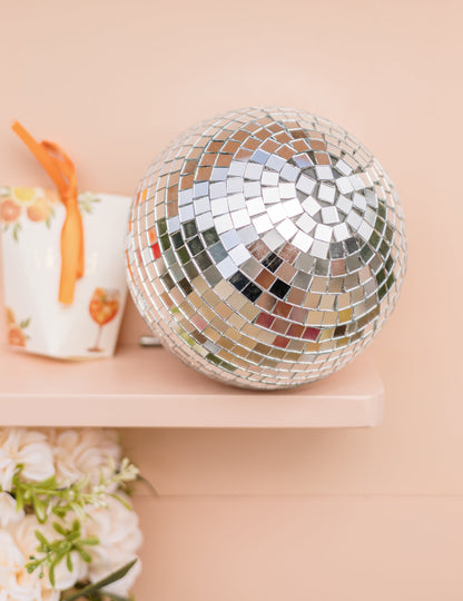 Glob disco suspendat din sticlă oglindită, argintiu, 16 cm, suprapunabil, decorațiune disco