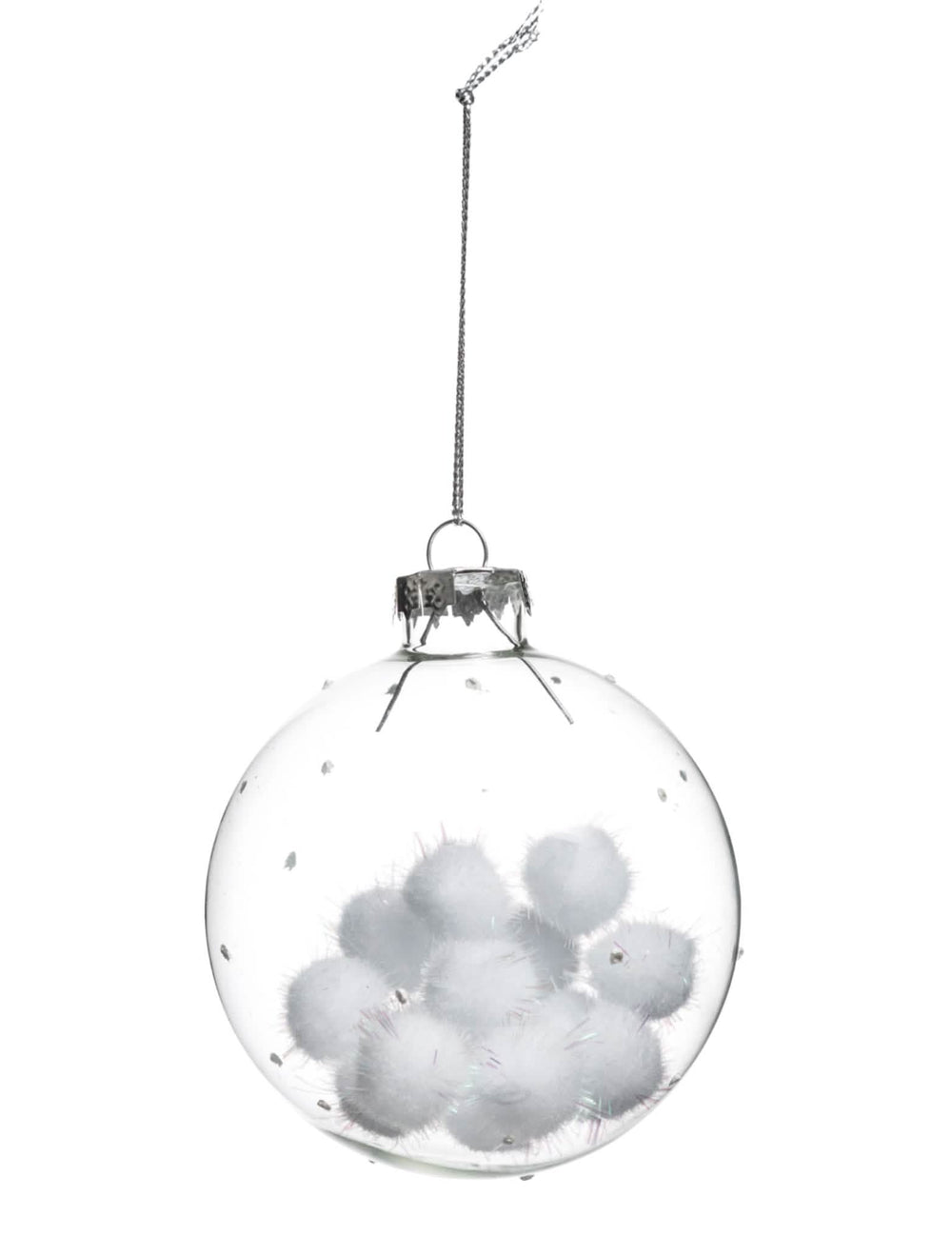 Glob de crăciun din sticlă cu bile de bumbac transparente și albe