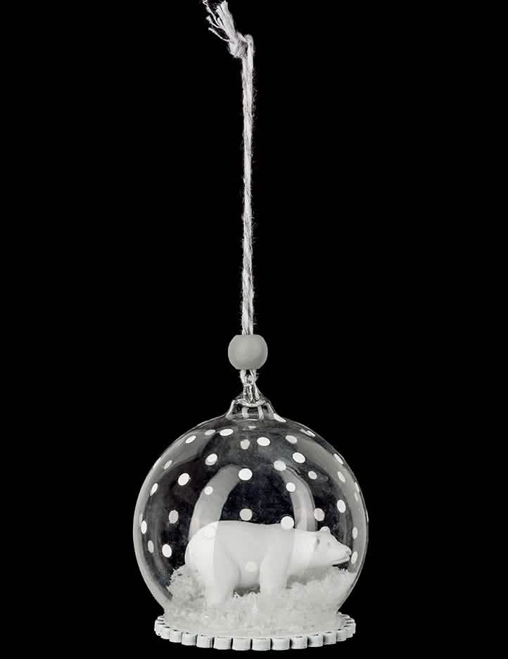 Boule de noël en verre ours polaire avec neige et pois blancs