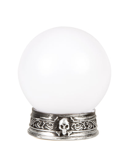 Boule lumineuse et sonore Halloween pour décoration blanche et argentée avec socle tête de mort