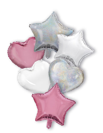 Bouquet 6 ballons rose argenté cœurs et étoiles en aluminium