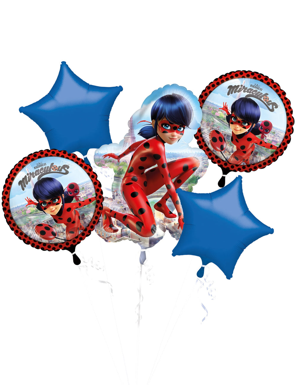 Bouquet de 5 ballons aluminium Ladybug rouge et bleu