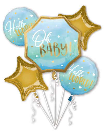 Bouquet de 5 ballons aluminium Oh Baby pour baby shower bleu et or