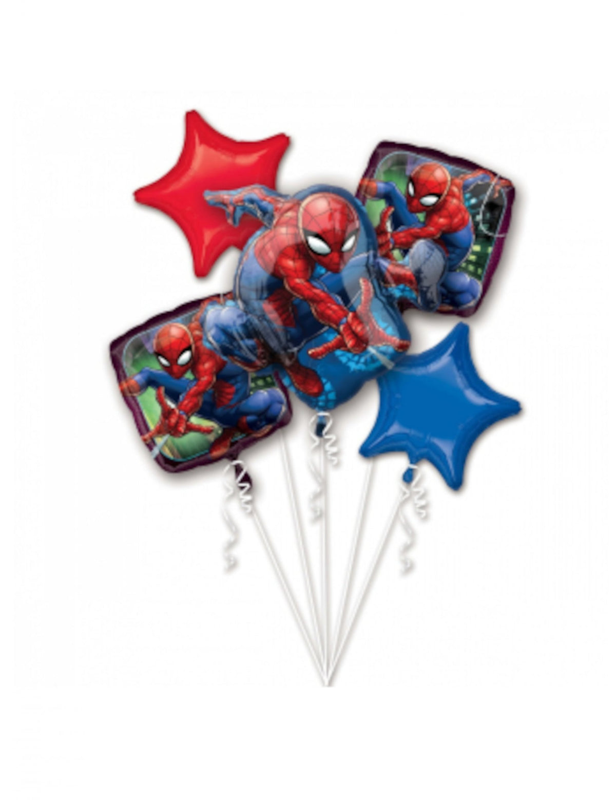 Bouquet de 5 ballons aluminium Spiderman pour enfant rouge et bleu