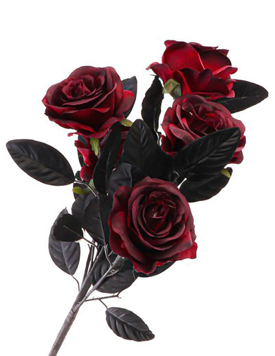 Bouquet de 5 roses bordeaux avec feuilles noires 48 cm
