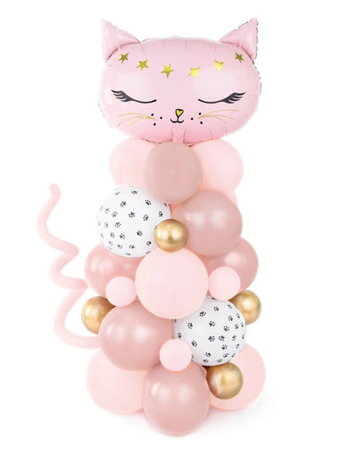 Bouquet de ballons chat rose pour fête rose et doré avec motifs de pattes de chat